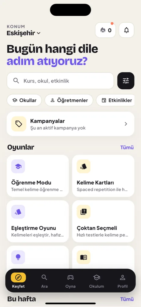LangWord uygulaması: Keşfet ekranı