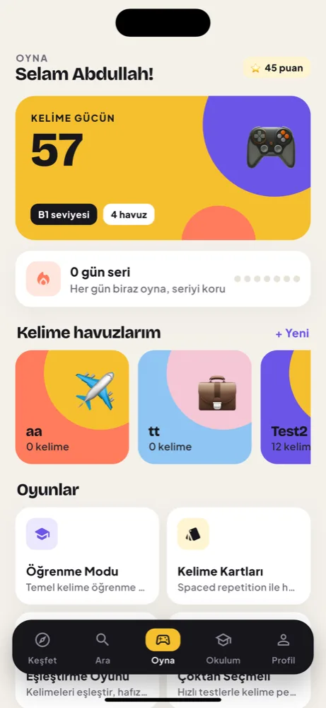 Oyna: kelime gücü, seri ve kelime havuzları